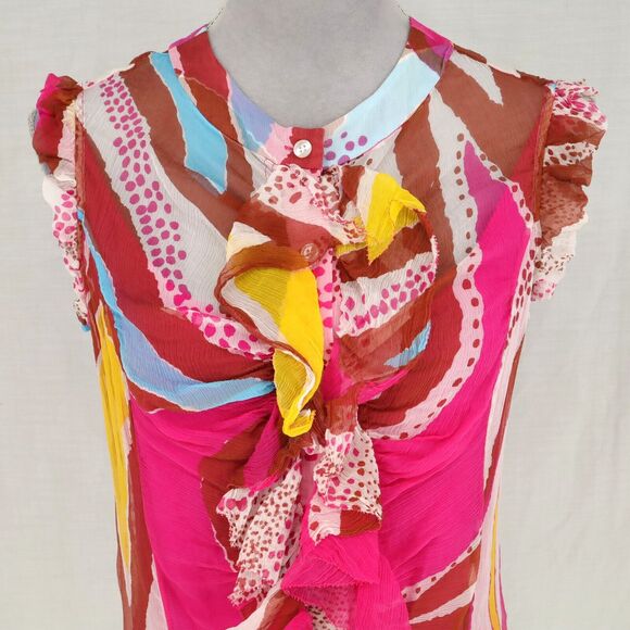 Diane Von Furstenberg Top Womens 10 Pink Yellow Silk Blouse Chiffon Ruffle Front - Picture 8 of 16